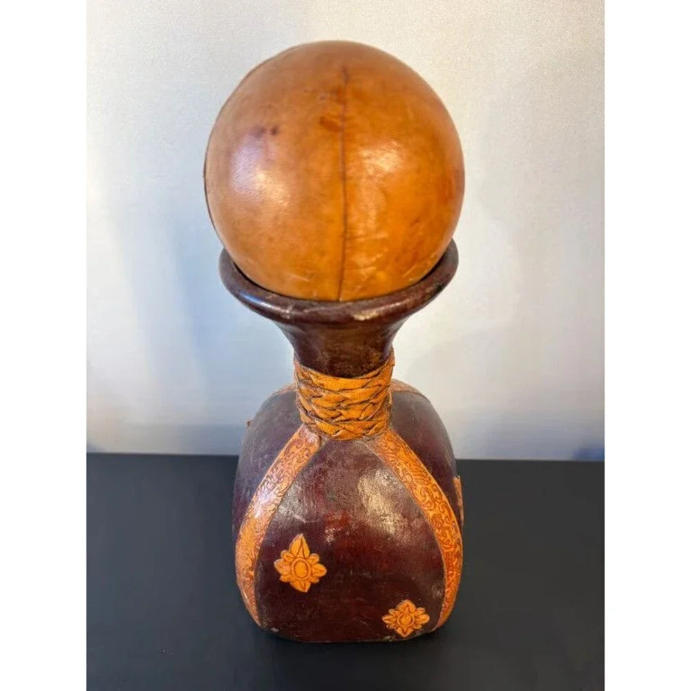 Italian Leather Decanter Dark Brown Fleur de Lis Applied Motifs Ball Stopper
